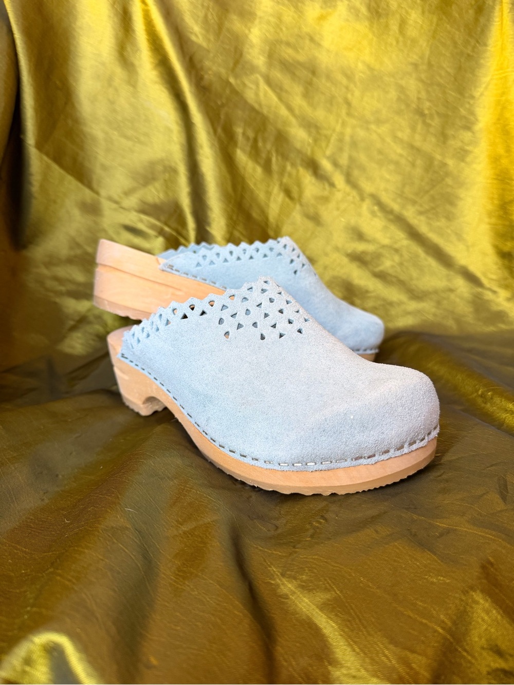 Sanita Light Blue Suede Clogs with Laser-Cut Detail